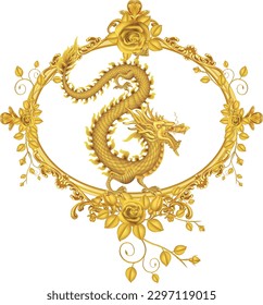 Golden dragon in a circle frame with roses