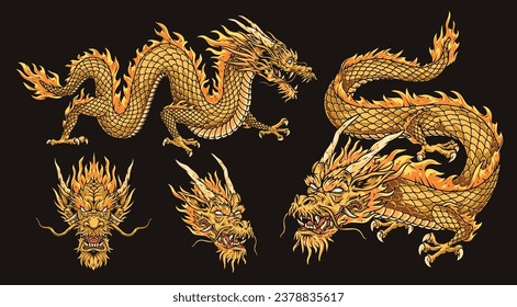 Golden dragon colorful set emblems evil mascot in form snake or predatory reptile with horns and fish scales vector illustration