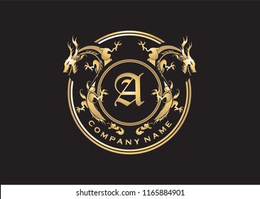 Golden dragon company logo graphic design on black background 