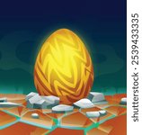 Golden dragon egg with angular patterns and bright glow in cracked terrain. Vector cartoon illustration