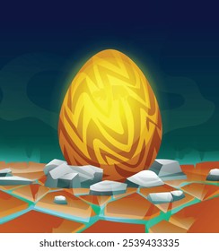 Golden dragon egg with angular patterns and bright glow in cracked terrain. Vector cartoon illustration