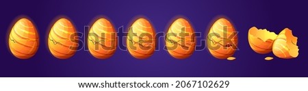 Golden dragon eggs in different steps of break and baby birth. Vector cartoon animation sprite sheet with sequence of born magic animal, bird or reptile from gold egg
