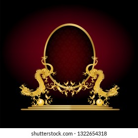 Golden dragon frame decorated with vintage Victorian metal Leaves​ on dark background​
