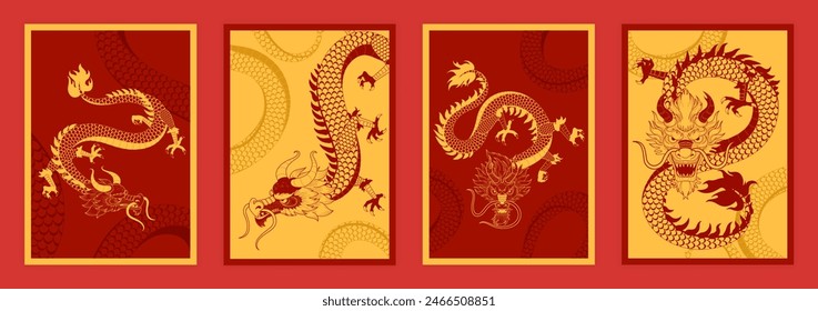 Golden dragon graphic. Posters collection. Gold and red silhouette chinese traditional animal 2024 new year symbol. Abstract design background. Art modern cover set. Vector isolated illustration