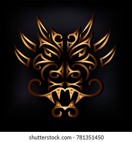 Golden Dragon Head Isolated On Black Background. Stylized Maori Face Tattoo. Golden Dragon Mask. Symbol Of Chinese Horoscope By Years. Vector Illustration.