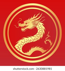 Golden Dragon Illustration - Chinese New Year Symbol in Traditional Frame. Asian Dragon Emblem on Red.
