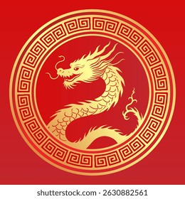 Golden Dragon Illustration - Chinese New Year Symbol in Traditional Frame. Zodiac Animal on Red Background.