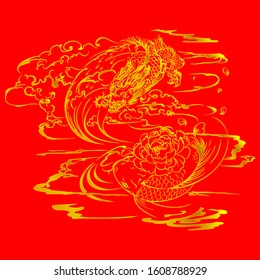 Golden dragon and koi carp.Gold color.Red color.Chinese new year.Asia.