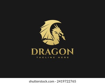 golden dragon logo vector illustration. dragon silhouette gold logo template