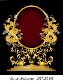 Golden dragon mirror frame ​decorated with vintage baroque metal Leaves​