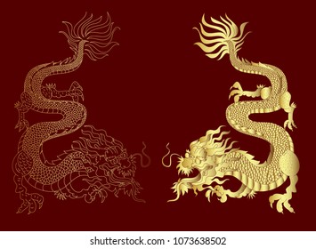 Golden Dragon on black background.Gold Chinese Dragon vector. Gold line art King Dragon tattoo.