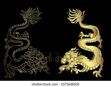 Golden Dragon on black background.Gold Chinese Dragon vector. Gold line art King Dragon tattoo.