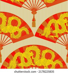 Golden dragon on a Chinese fan. Seamless background for fabrics, textiles, packaging and wallpaper. Vector illustration