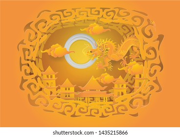 Golden dragon on full moon in the sky  go to China city background Mid Autumn.paper craft style vector and illustration