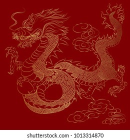 Golden Dragon on red background for Chinese New Year.Gold Chinese Dragon vector. Gold line art King Dragon tattoo.