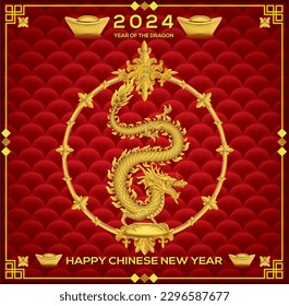 Golden dragon on red background .Year of the Golden Dragon 2024