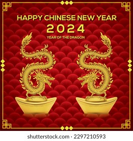 Goldener Drache auf rotem Hintergrund .Jahr des Goldenen Drachen 2024