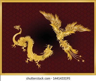 Golden dragon and golden Phenix on red background 