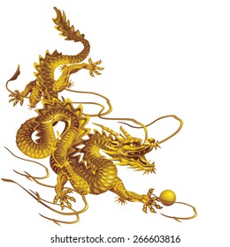 Golden Dragon running down diagonally on a white background