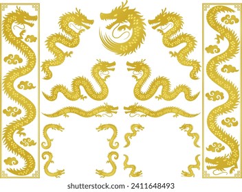 Golden dragon silhouette decoration and frame illustration set