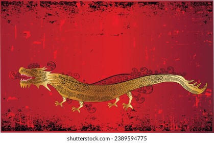 Golden dragon symbol of 2024. Decorative patterns. Gradient. Sample. Red background. Beautiful digital vector illustration