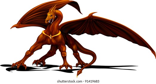 golden dragon with three horns, wings raised