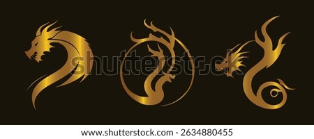 Golden Dragon Vector Icons Set. Fierce Fantasy Silhouettes with Abstract Fire Details. Mythical Creature Logo Designs on Dark Background. Chinese, Tribal, and Elegant Gold Dragon Art Graphics.
