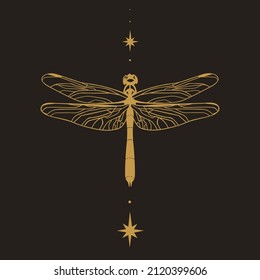 golden dragonfly, decoration, boho design, vector illustration for postcard