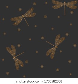 Golden dragonfly silhouette seamless pattern. Hand drawn doodle. Linear style. Decorative insects. Vector illustration on a gray background. For fabrics, wrapping paper.