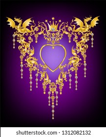 Golden Dragons frame with vintage baroque metal elements on purple background 