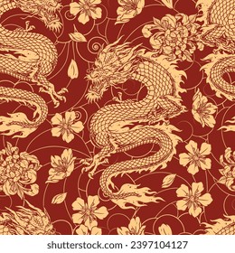 Golden dragons pattern seamless colorful with flower buds for fantastic east predators for holiday cards design vector illustration