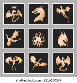 Golden dragons and wyverns collection as sticker pack for design websites, logotype, icons, signs, posters, applications or social network communication.