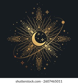 Golden drawing of the sun with stars. Tarot cards, boho illustration, magic card. Template for poster and prints.