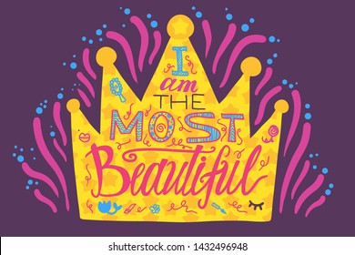 Golden Drawn Crown with Bright Fireworks Banner. Elegant Luxury Precious Authority Element of Most Beautiful Girl for Celebrating Sweet Sixteen Birthday. Princess Vector Flat Cartoon Illustration