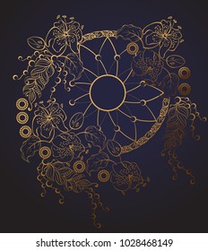 Golden dream catcher made with a gradient with flowers, lilies, leaves, beads, pearls, cobwebs, thread, bird feathers on a dark blue background. Boho chic style svg