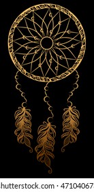 Golden dreamcatcher with feathers. Boho chic style.