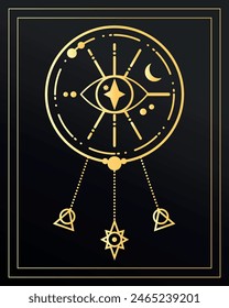 Golden dreamcatcher with a magical eye. Celestial emblem. Mystery, astrology, esoteric. Vector illustration