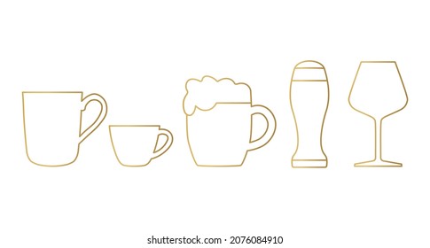 golden drinks, beverages set: tea, coffee, beer, wine- vector illustration