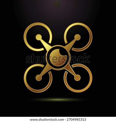 Golden drone logo illustration with camera lens and black background