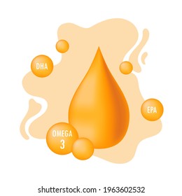 Golden Drop Of Fish Oil Surrounded By Spherical Drops - Components Of Fish Oil. Nutrient Element, Isolated Stock Vector Illustration With Gradient. Omega Fatty Acid, EPA, DHA. Natural Fish, Plants Oil