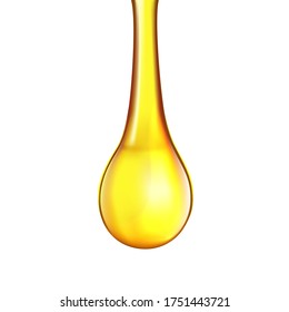 Golden drop of oil on white background, yellow liquid is dripping, vector icon.