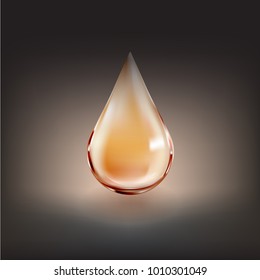 Golden drop on black background for beauty  and cosmetic concept. Realistic 3D vector pure droplet.
