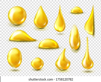 Golden drops of oil or honey isolated on transparent background. Vector realistic mockup of liquid yellow drips of organic cosmetic or food oil, clear golden bubbles