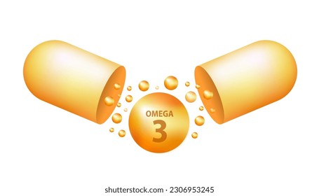 Golden drops of Omega three. Polyunsaturated fatty acids Omega-3. Natural fish oil, organic vitamin, nutrients. Omega fatty acids. Vector realistic capsules. Vector illustration