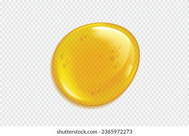 Golden drops and stains of oil or honey isolated on transparent background. Vector realistic mockup of liquid gold drips of organic cosmetic or food oil, top view of clear yellow puddles editable