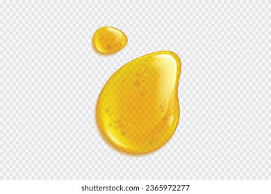Golden drops and stains of oil or honey isolated on transparent background. Vector realistic mockup of liquid gold drips of organic cosmetic or food oil, top view of clear yellow puddles editable