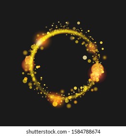 Golden dust circle frame magic background. Bokeh lights effect on black background. Best for Christmas and New Year greeting card design. Vector eps10.