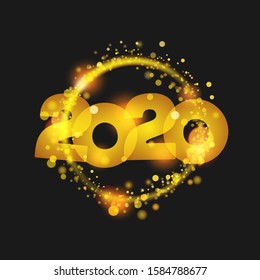 Golden dust circle frame magic background. Bokeh lights effect on black background. Best for Christmas and New Year greeting card design. Vector eps10.