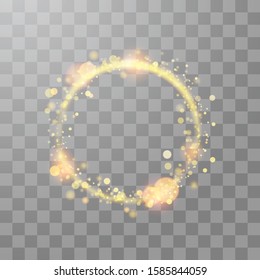Golden dust circle frame magic background. Bokeh lights effect on transparent background. Best for Christmas and New Year greeting card design. Vector eps10.