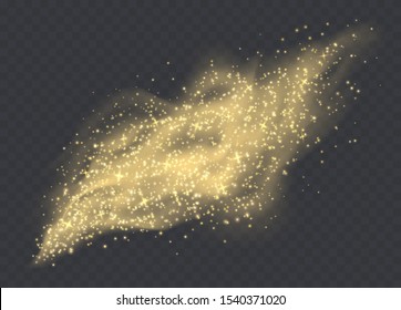 Golden dust cloud with sparkles isolated on transparent background. Stardust sparkling background. Glowing glitter smoke or splash. Vector illustration.